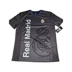 Real Madrid CF Soccer Jersey Mens Large Charcoal Grey Navy Blue Pinstripe NWT